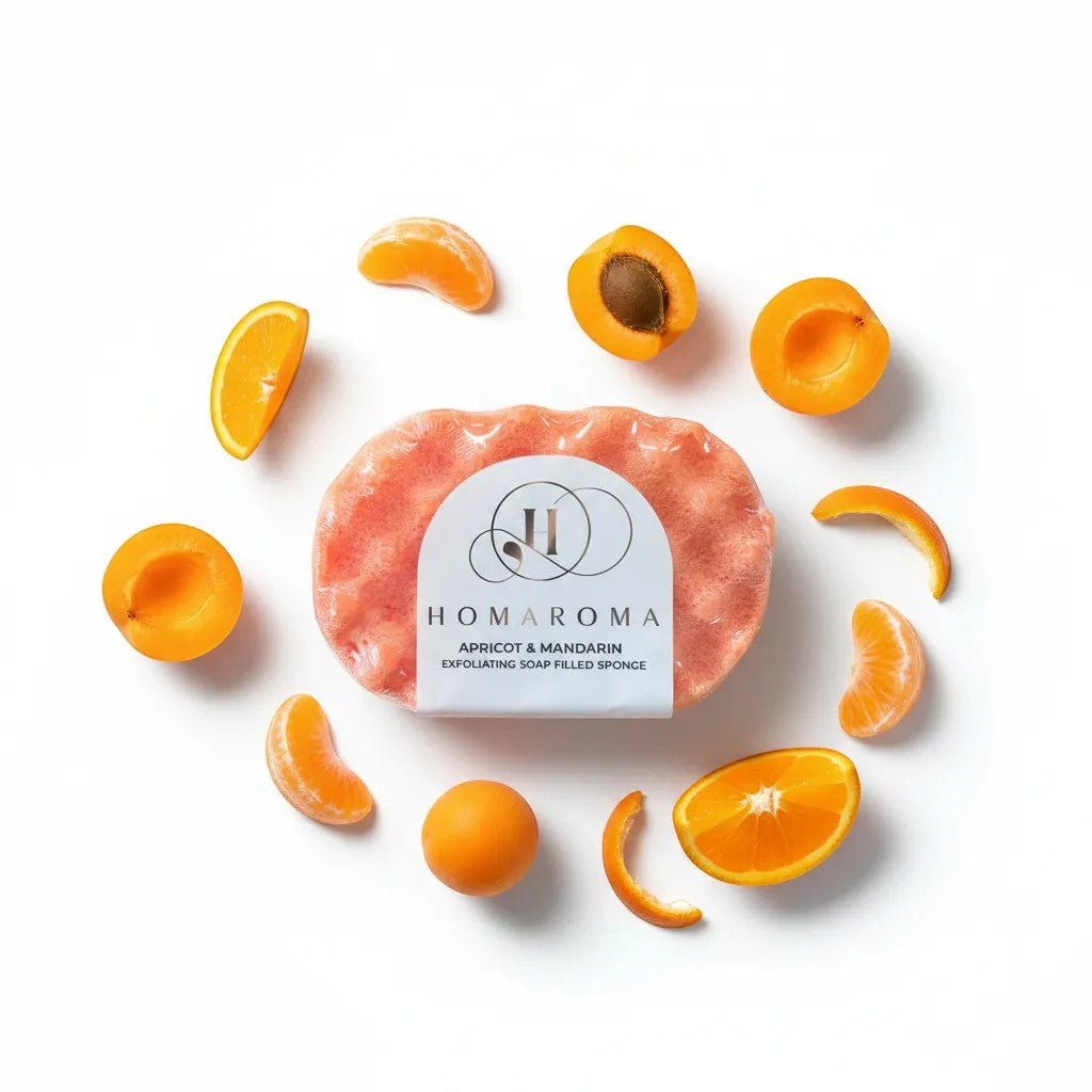 Homaroma Apricot & Mandarin exfoliating soap filled sponge with fresh apricot and mandarin slices arranged around it.