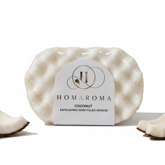 Homaroma coconut scented exfoliating soap-filled sponge with a textured surface for smooth, hydrated skin.