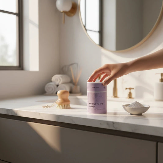 Homaroma Fairies in the Snow Foam and Fizz cleaning powder pot on a marble bathroom counter with a scrub brush
