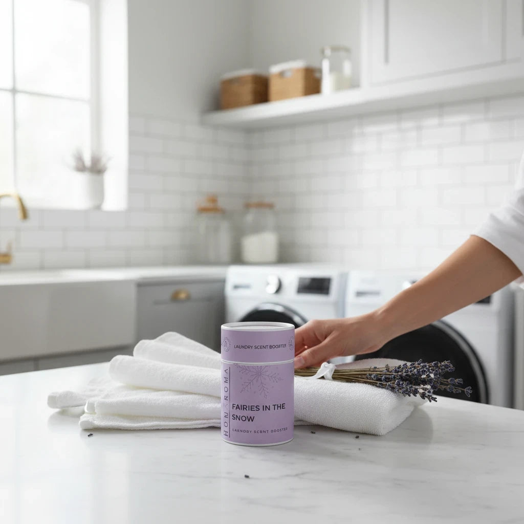 Homaroma Fairies in the Snow laundry scent booster container on a marble counter with white towels and dried lavender