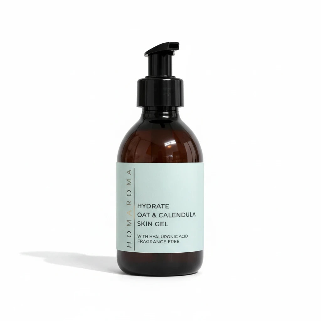 Homaroma Hydrate oat and calendula skin gel in a brown glass pump bottle for face and body hydration.