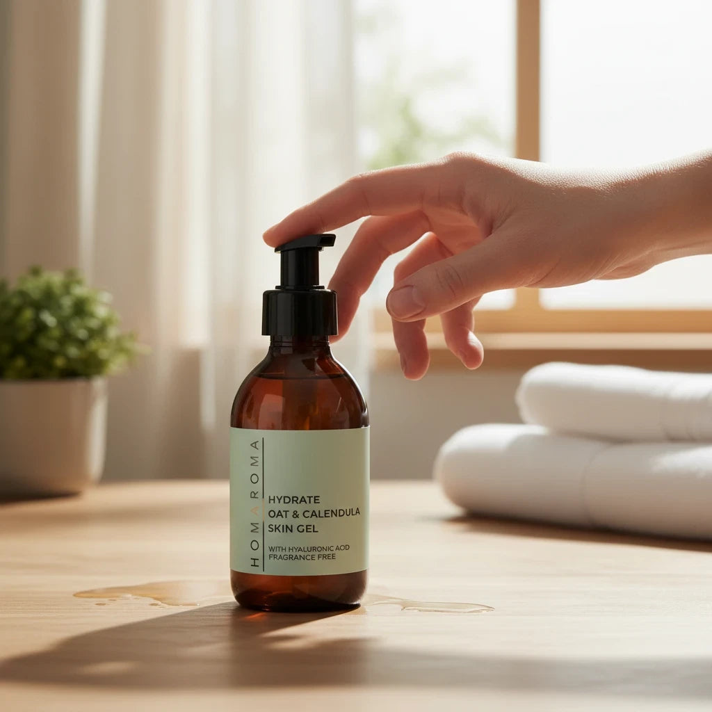 Homaroma Hydrate oat and calendula skin gel in an amber pump bottle on a wooden surface with a hand pressing the pump
