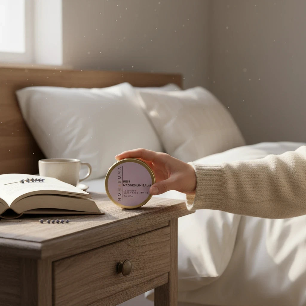 Homaroma Rest magnesium balm in a gold tin held by a hand on a bedside table with a book and coffee in a cozy bedroom