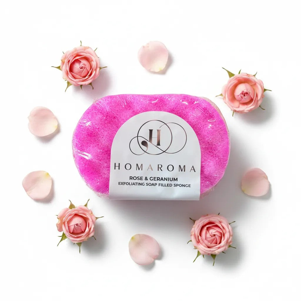 Homaroma Rose & Geranium exfoliating soap filled sponge with dual-sided design for cleansing and exfoliation, pink.