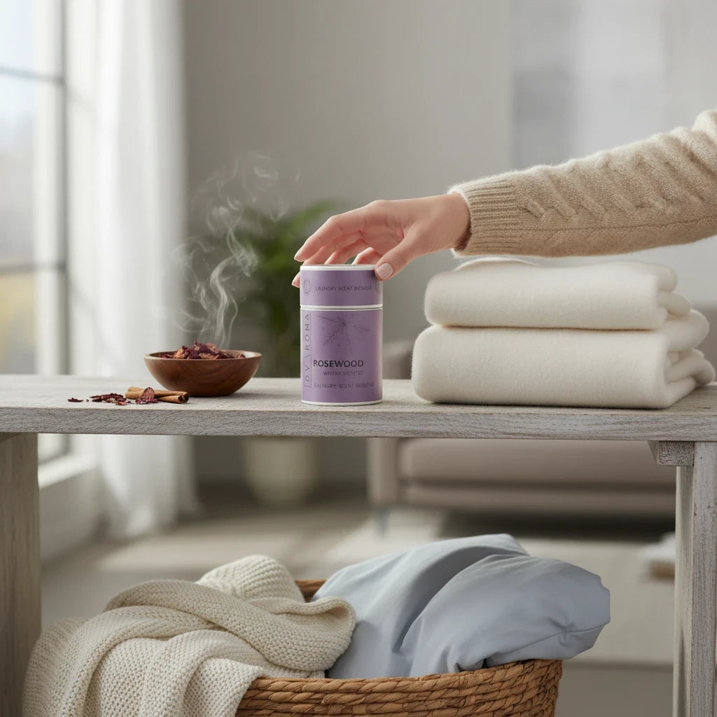 Homaroma Rosewood laundry scent booster container on a wooden table with folded white towels and a steaming bowl.