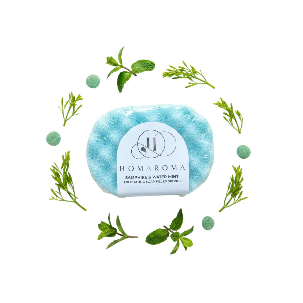 Homaroma Samphire & Water Mint exfoliating soap filled sponge, light blue, with mint and green accents.