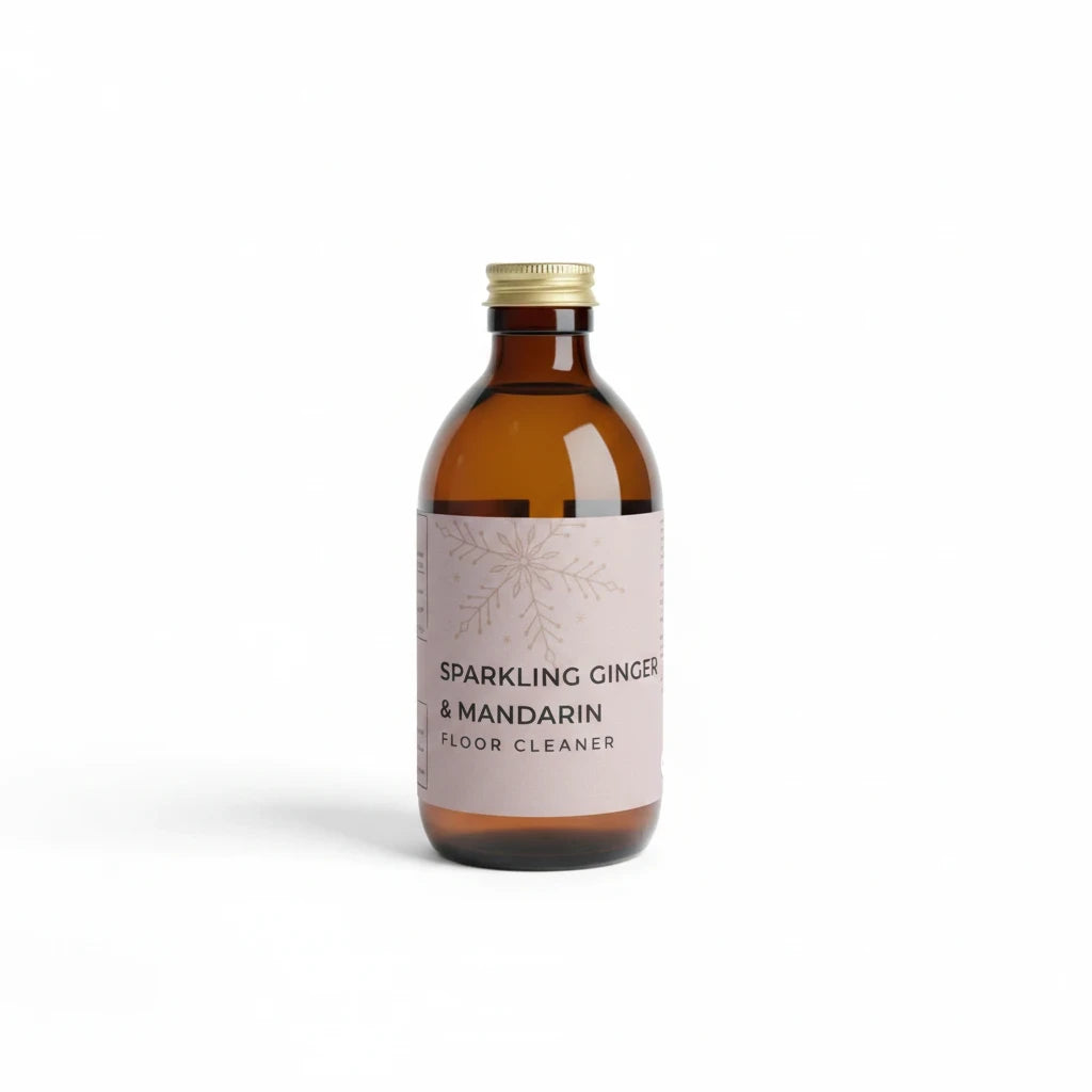 Homaroma Sparkling Ginger & Mandarin concentrated floor cleaner in an amber glass bottle with a gold cap.