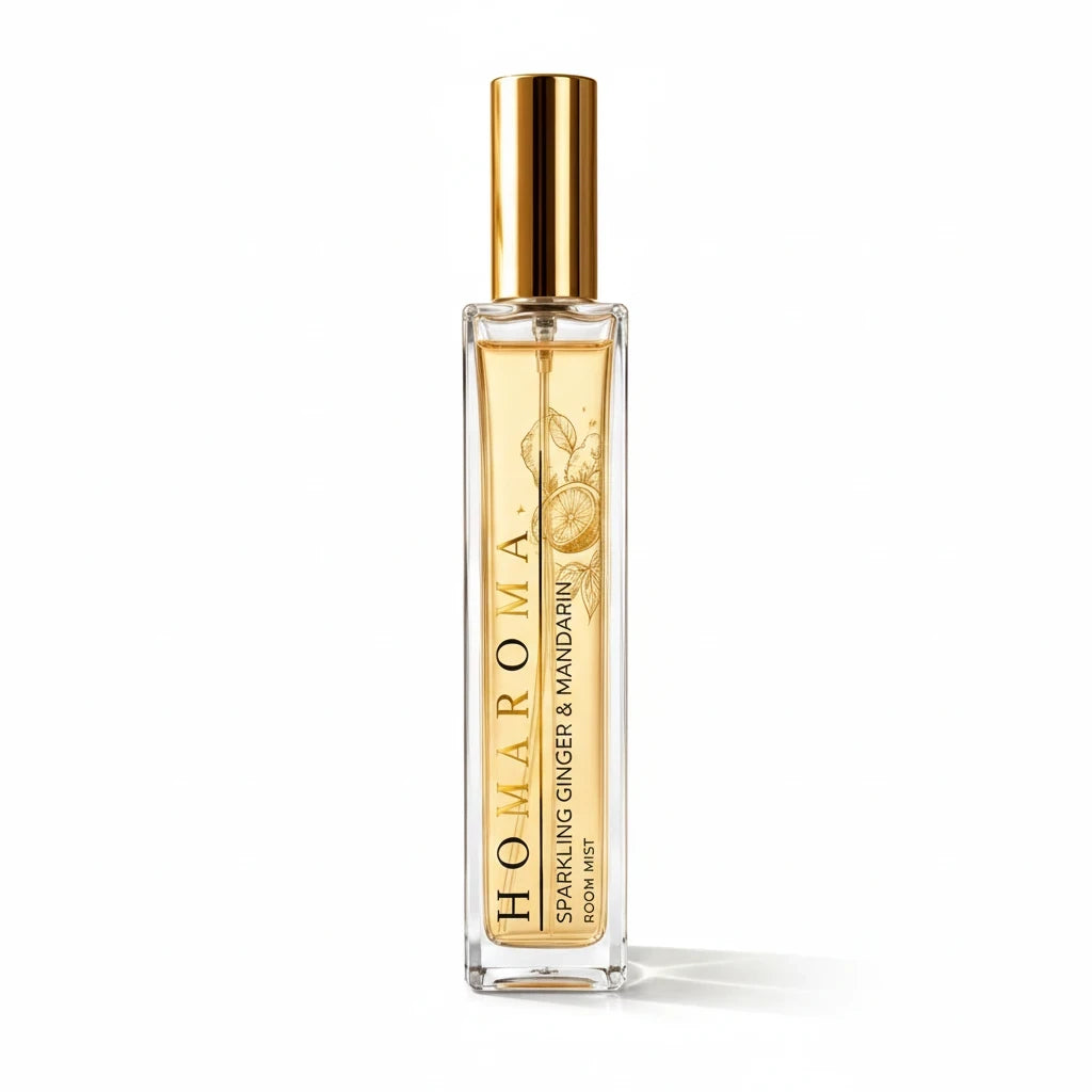 Homaroma Sparkling Ginger & Mandarin room mist in a tall, elegant glass bottle with a gold cap and citrus label.