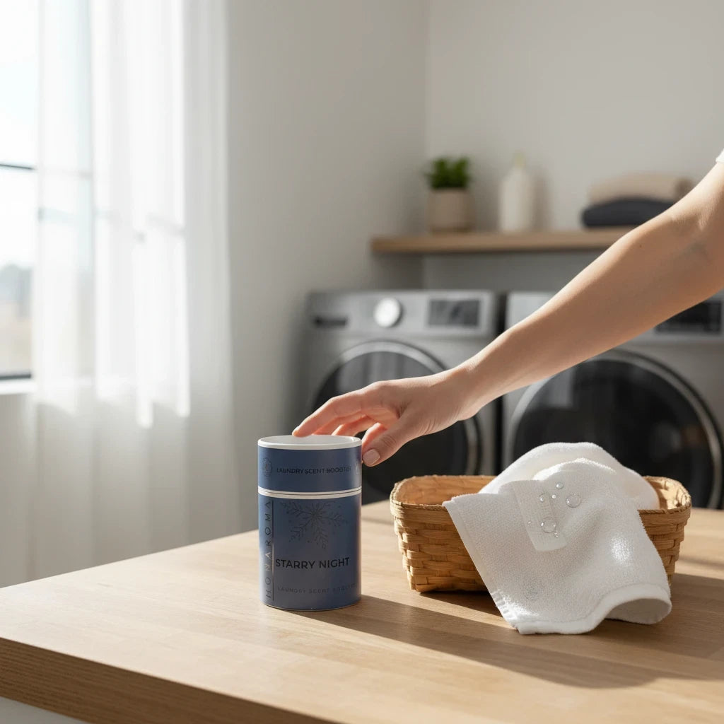 Homaroma Starry Night laundry scent booster container on a wooden table next to a basket of white towels