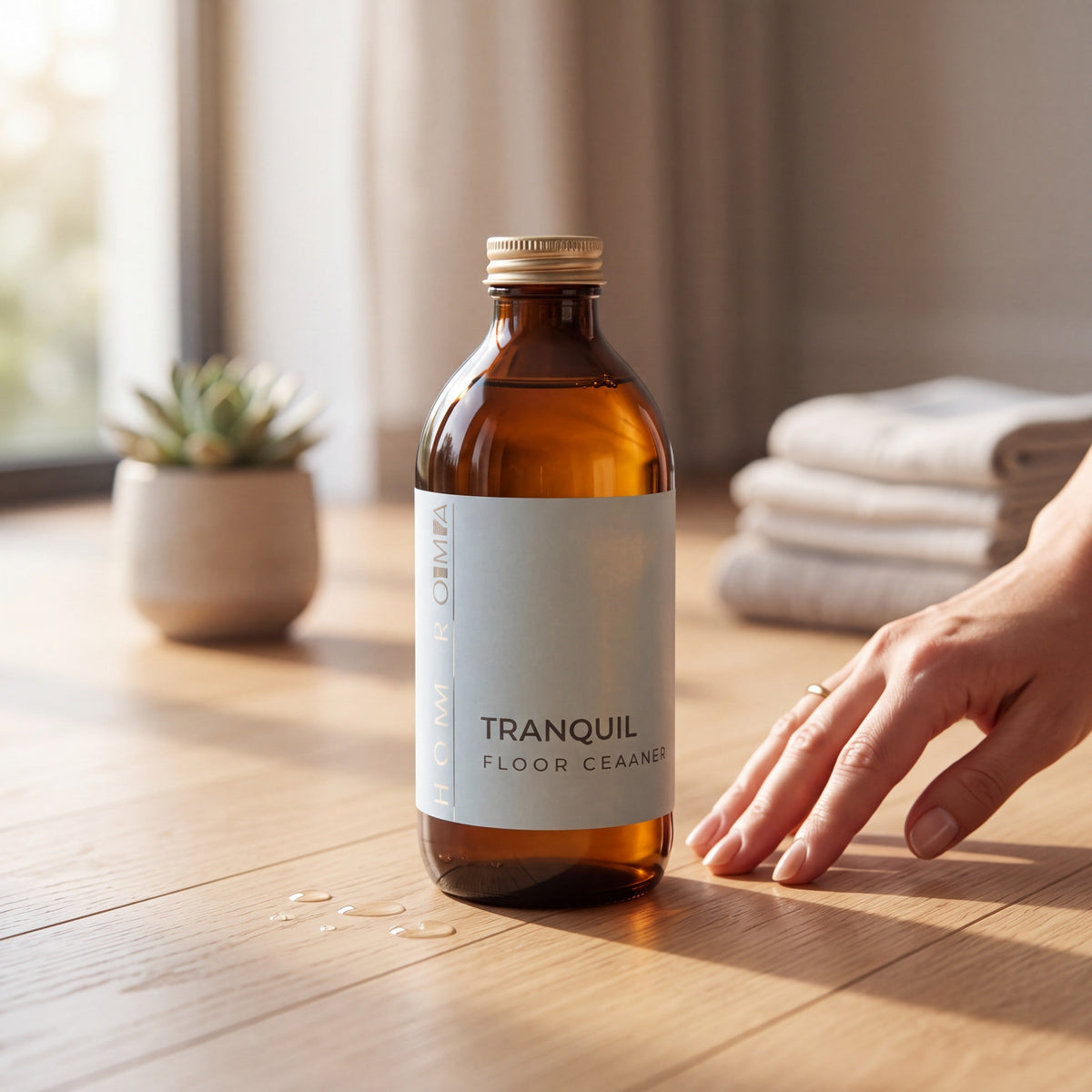 Homaroma Tranquil floor cleaner in an amber glass bottle on a wooden floor with a hand reaching towards it