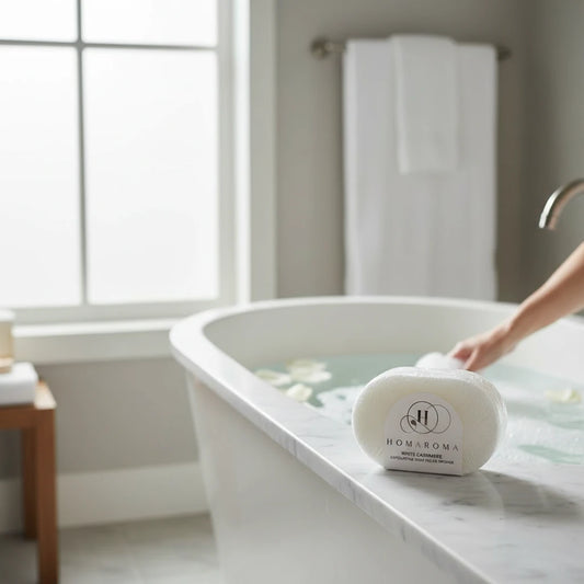 Homaroma White Cashmere soap bar resting on a marble bathtub edge in a bright, clean bathroom setting.