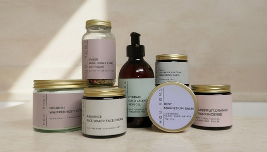 Homaroma Calm Cleansing Balm, Hydrate Aloe Gel and Radiance Face Cream fragrance-free skincare routine