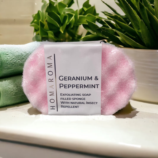 Exfoliating Soap Sponge - Geranium & Peppermint  with natural insect repellent