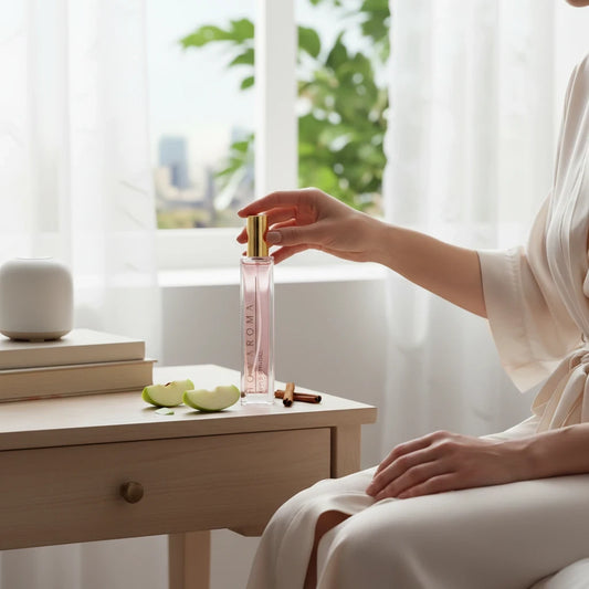 Homaroma Apple Strudel room mist bottle on a wooden table with fresh apple slices and cinnamon sticks in a bright room