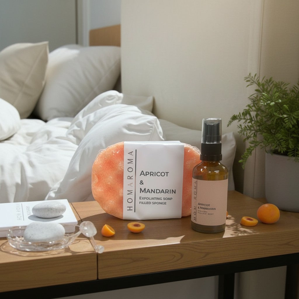 Homaroma Apricot & Mandarin exfoliating soap sponge and pillow mist set on a wooden nightstand with halved apricots.
