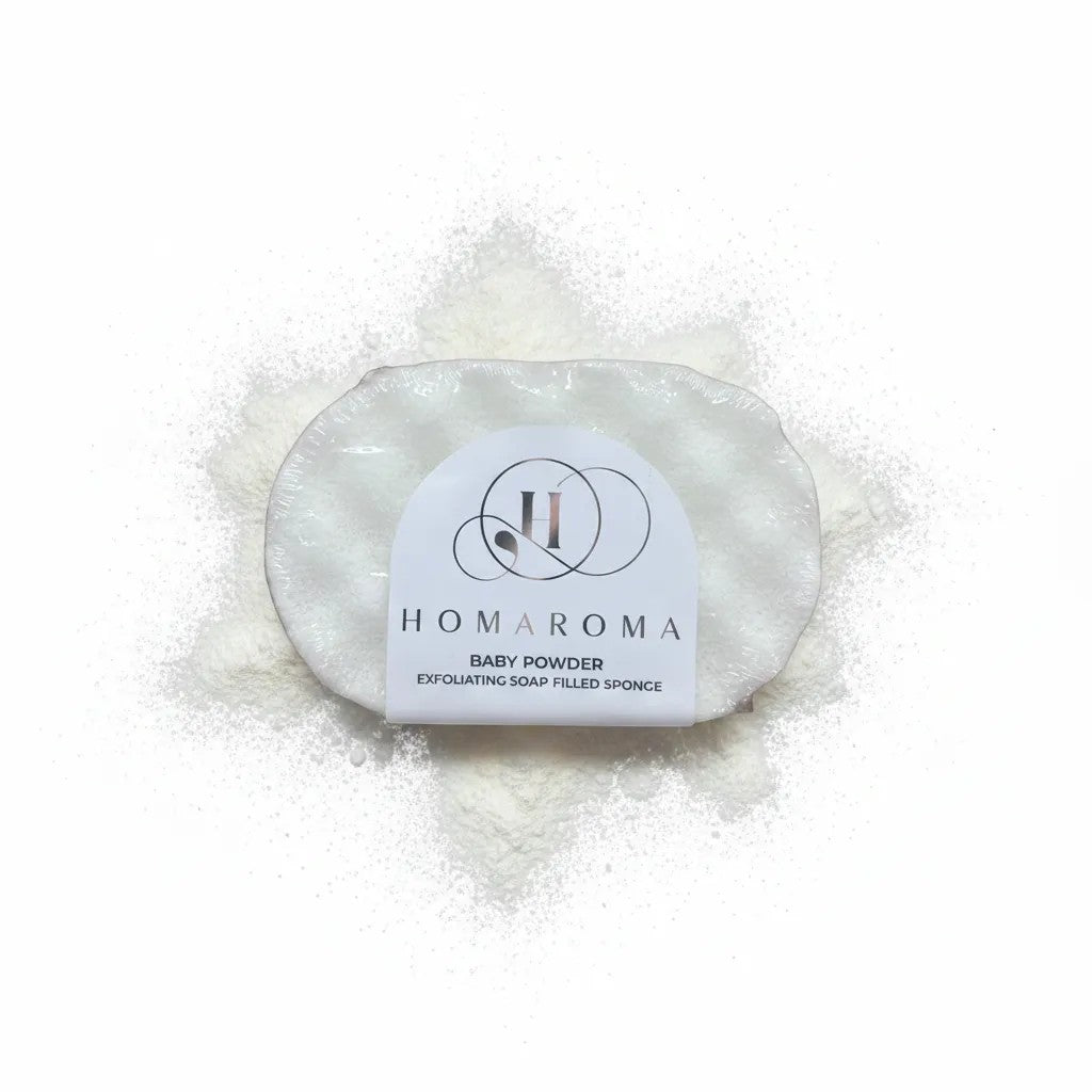 Homaroma Baby Powder exfoliating soap-filled sponge with a soft, comforting scent and rich lather. Perfect for travel.