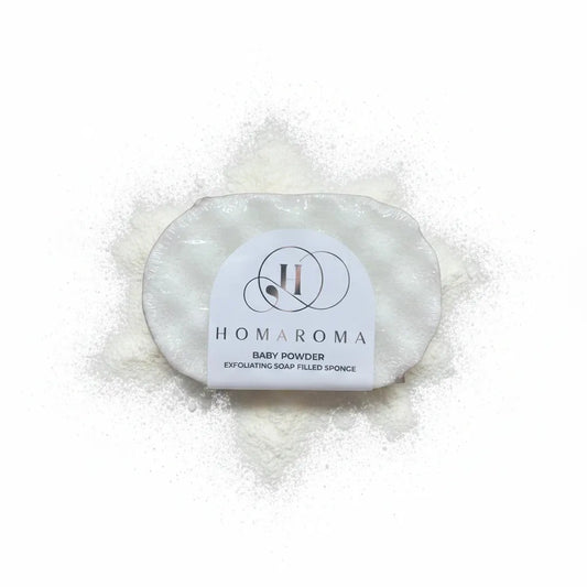 Homaroma Baby Powder exfoliating soap-filled sponge with a soft, comforting scent and rich lather. Perfect for travel.