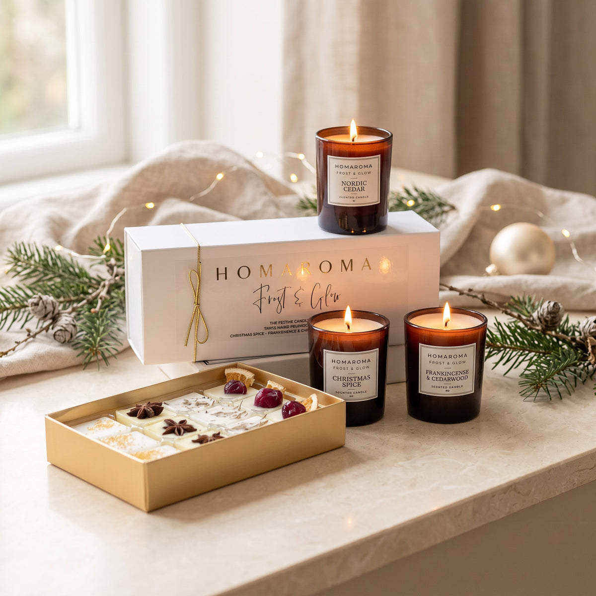 Homaroma Festive Candle Trio with The Festive Edit wax melts, styled for Christmas