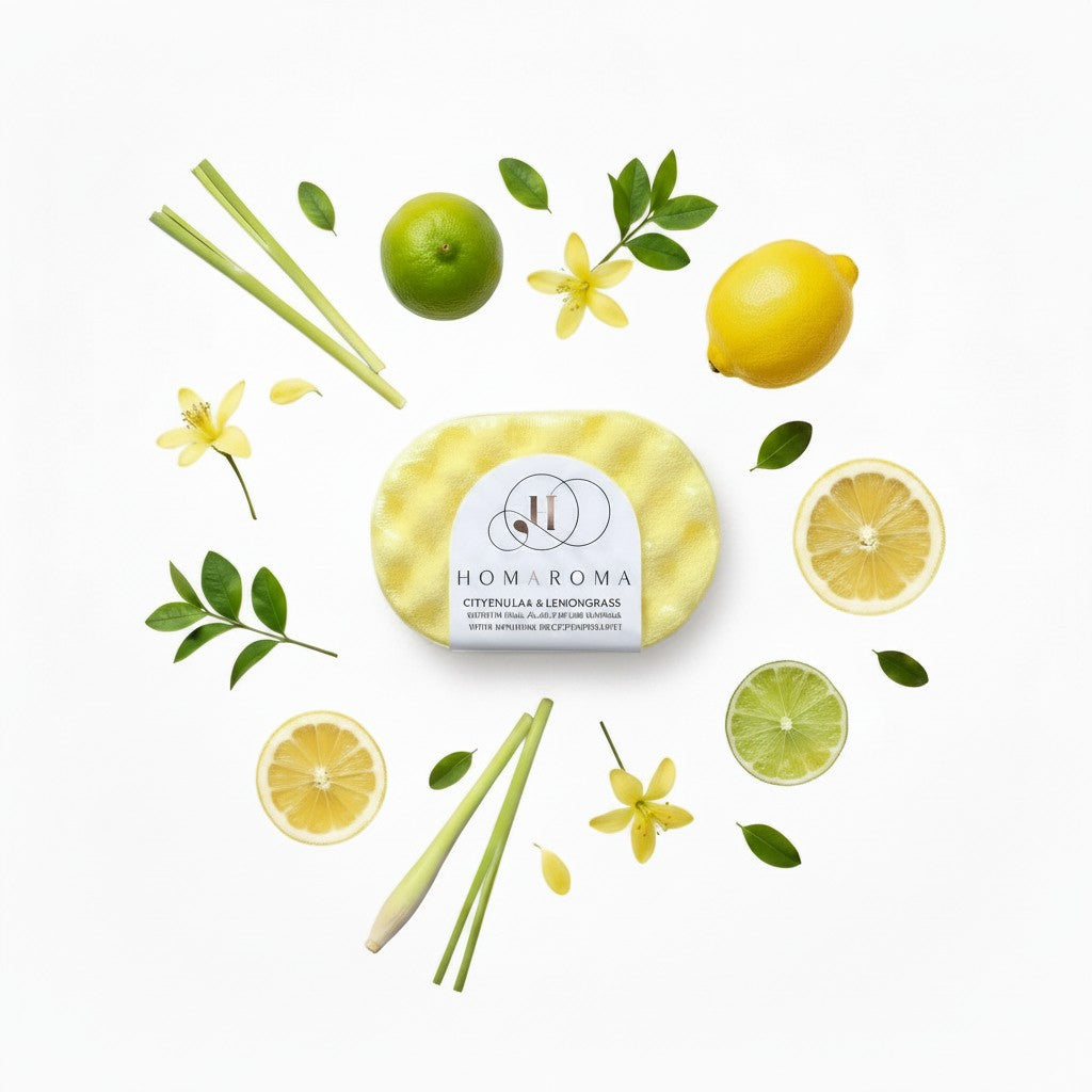 Homaroma Citronella & Lemongrass soap-filled sponge with dual-sided texture, surrounded by fresh lemons, limes, lemongrass stalks, and green leaves.