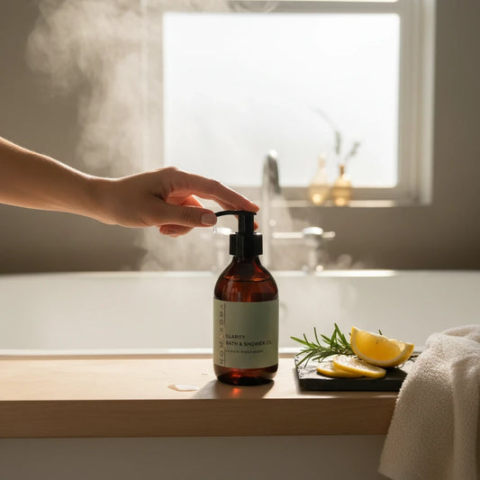 Homaroma Clarity bath and shower oil in an amber bottle with lemon and rosemary on a wooden ledge in a steamy bathroom
