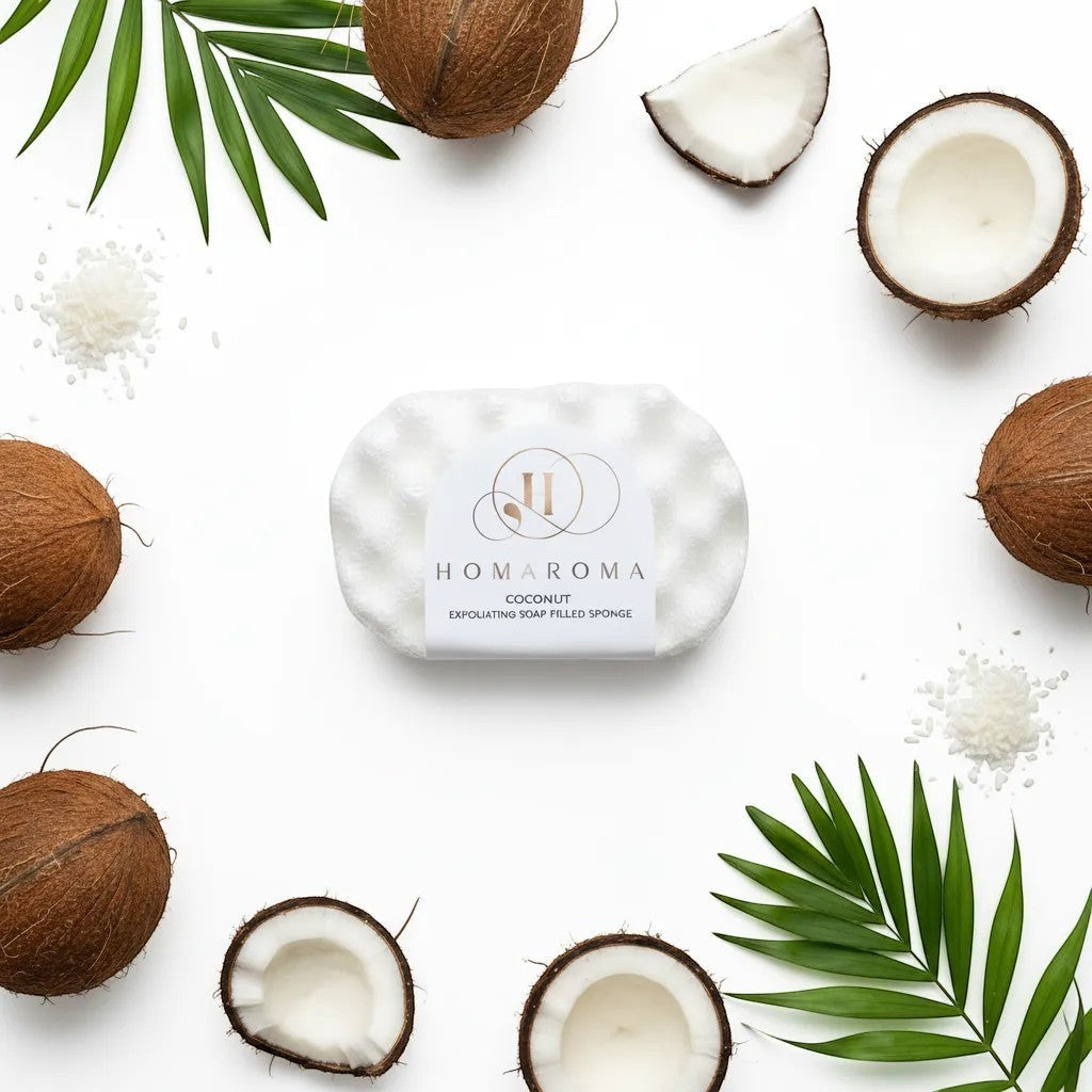 Homaroma coconut scented exfoliating soap-filled sponge with nourishing oils and glycerin for soft, hydrated skin.