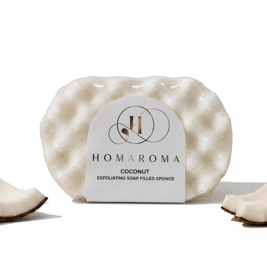 Homaroma coconut scented exfoliating soap-filled sponge with a textured surface for smooth, hydrated skin.