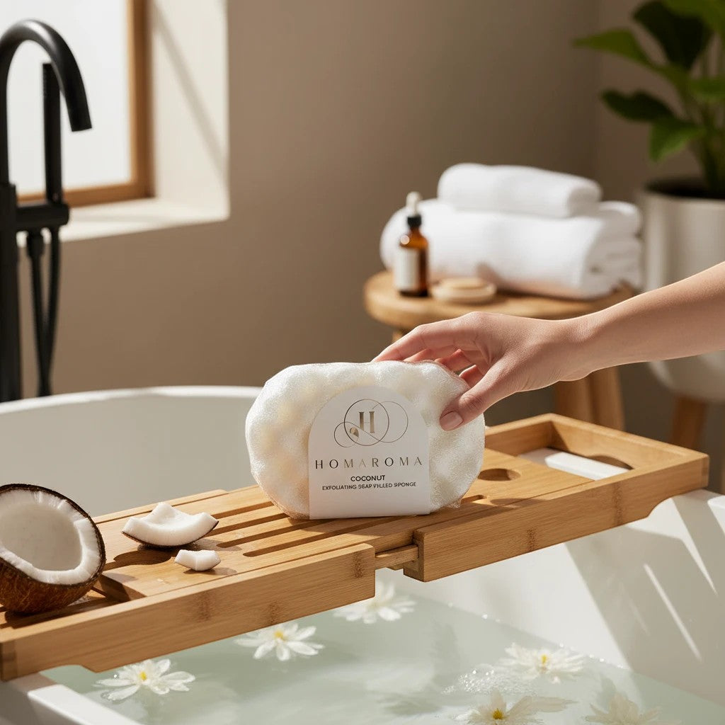 Homaroma coconut scented exfoliating soap-filled sponge resting on a bamboo bathtub tray with fresh coconut pieces.