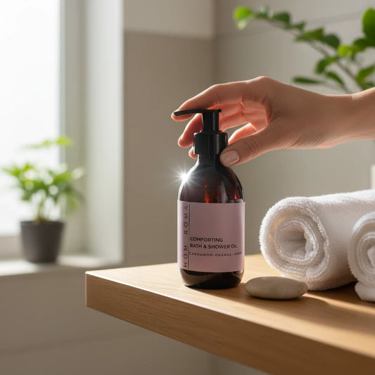 Homaroma Comfort bath and shower oil in a brown glass pump bottle on a wooden surface with a white towel