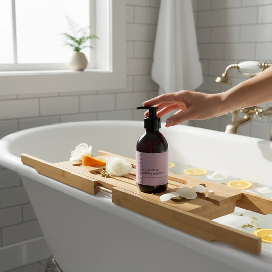 Homaroma Comfort body oil in a dark glass pump bottle on a wooden bath tray with white flowers and citrus slices