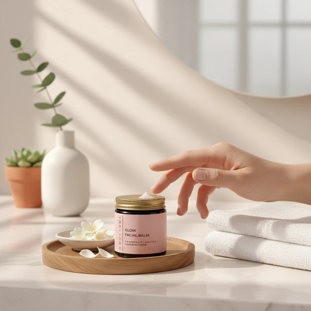 Homaroma facial cleansing balm in a glass jar with a pink label, featuring grapefruit, orange, and frankincense oils.