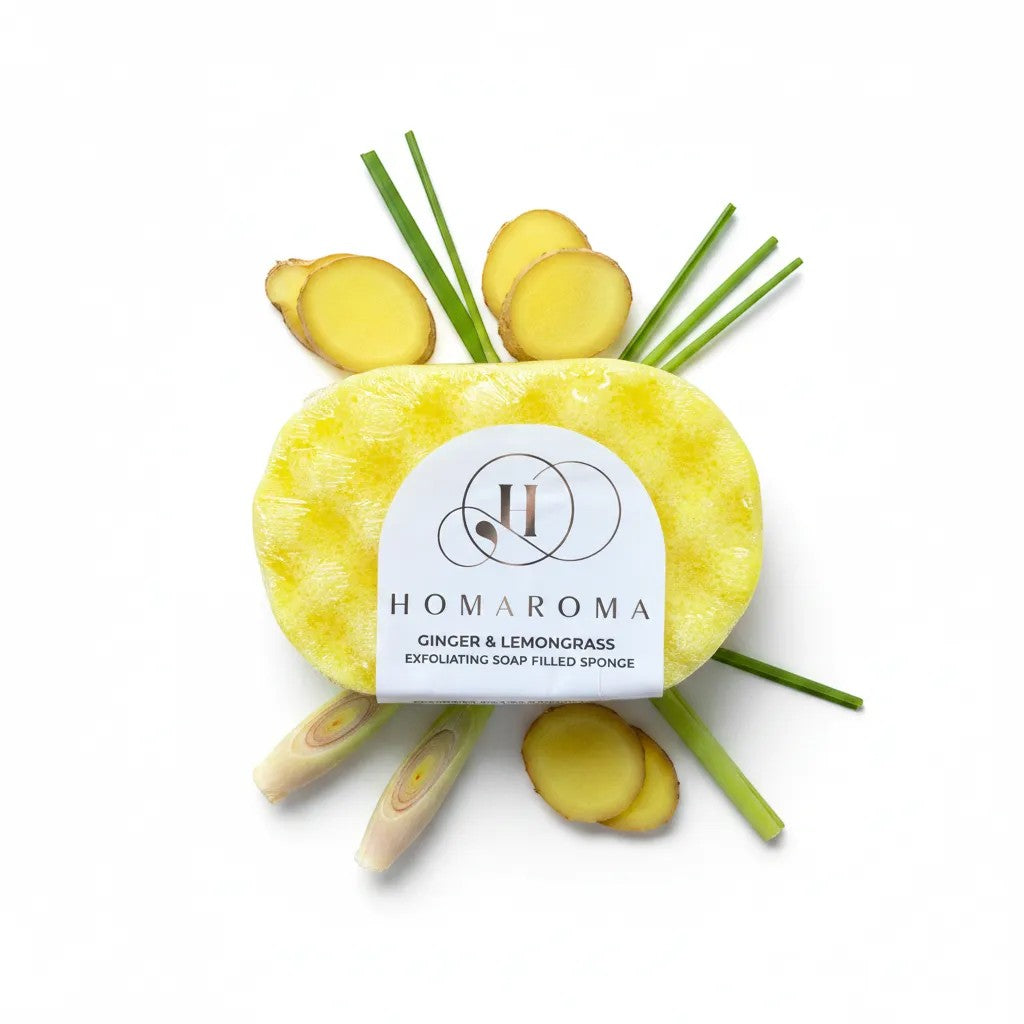 Homaroma yellow exfoliating soap sponge with ginger and lemongrass slices and stalks