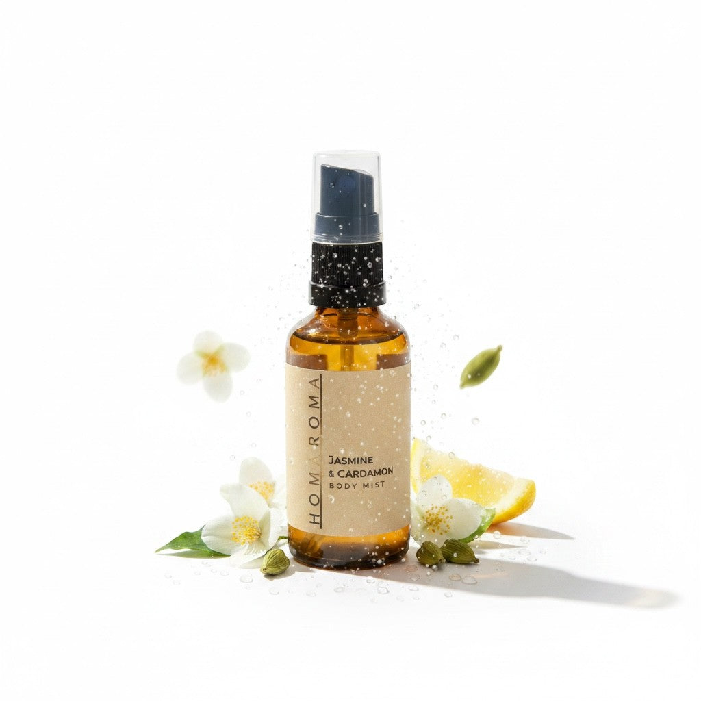 Homaroma Jasmine & Cardamom Body Mist in amber glass bottle with pump, surrounded by jasmine flowers, cardamom pods, and lemon slices.