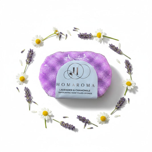 Homaroma Lavender & Chamomile exfoliating soap filled sponge, purple, dual-sided for cleansing and exfoliation.