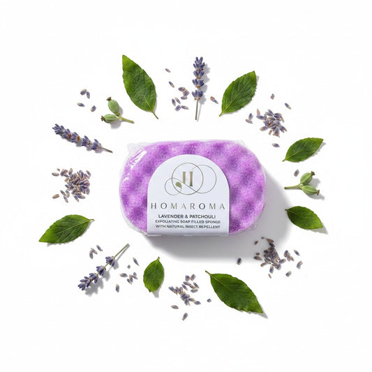 Homaroma Lavender & Patchouli exfoliating soap-filled sponge with natural insect repellent, purple.