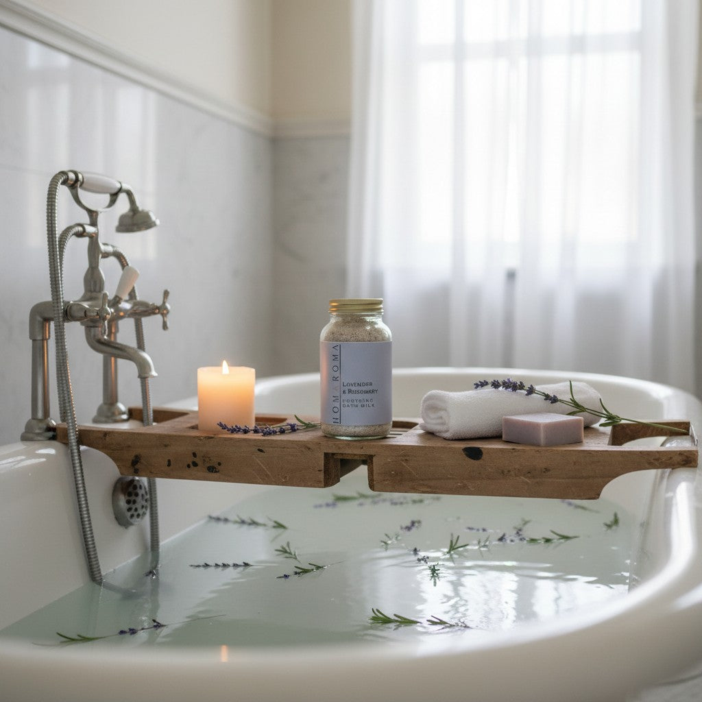 Homaroma Lavender & Rosemary Soothing Bath Milk in a glass jar with a gold lid, surrounded by lavender sprigs.