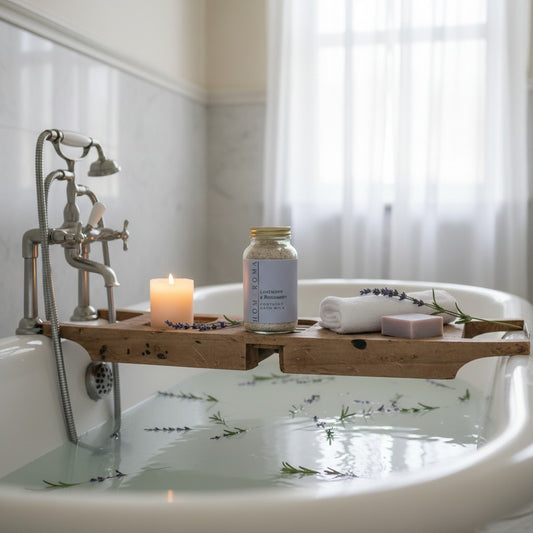 Homaroma Lavender & Rosemary Soothing Bath Milk in a glass jar with a gold lid, surrounded by lavender sprigs.
