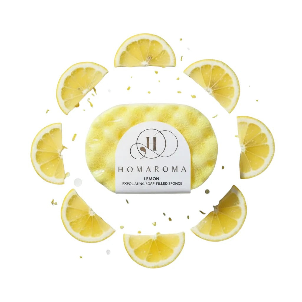 Homaroma lemon exfoliating soap-filled sponge with a bright yellow citrus scent and creamy lather.