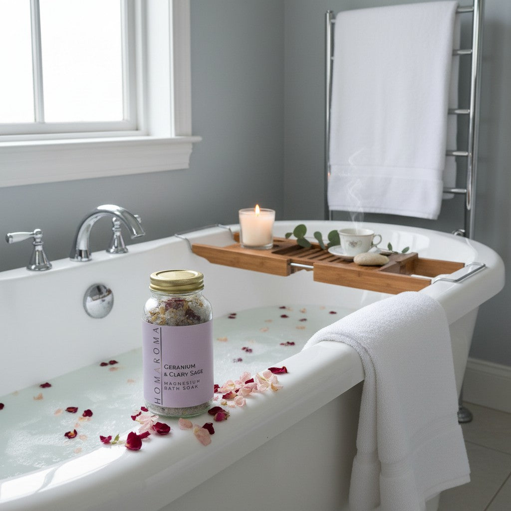 Homaroma Geranium & Clary Sage Magnesium Bath Soak in a glass jar with a light purple label, surrounded by rose petals.