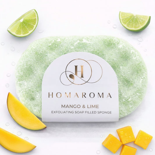 Homaroma Mango & Lime exfoliating soap-filled sponge with a gentle exfoliating side and a lathering side. Infused with oils and glycerin.
