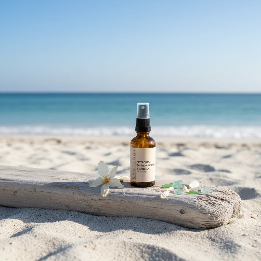 Homaroma Pistachio, Salted Caramel & Vanilla body mist in an amber glass bottle on a sandy beach with driftwood.