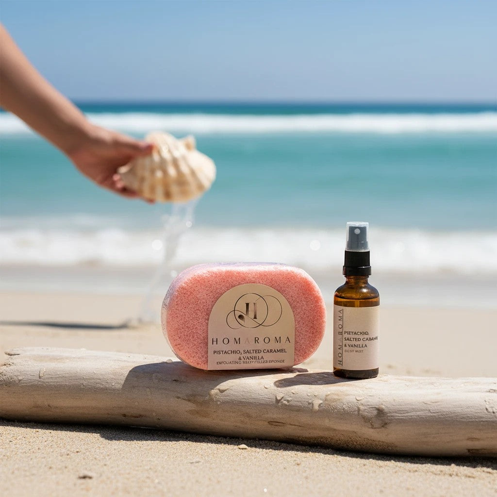 Homaroma Pistachio, Salted Caramel & Vanilla gift set with soap sponge and body mist on a beach with a seashell.