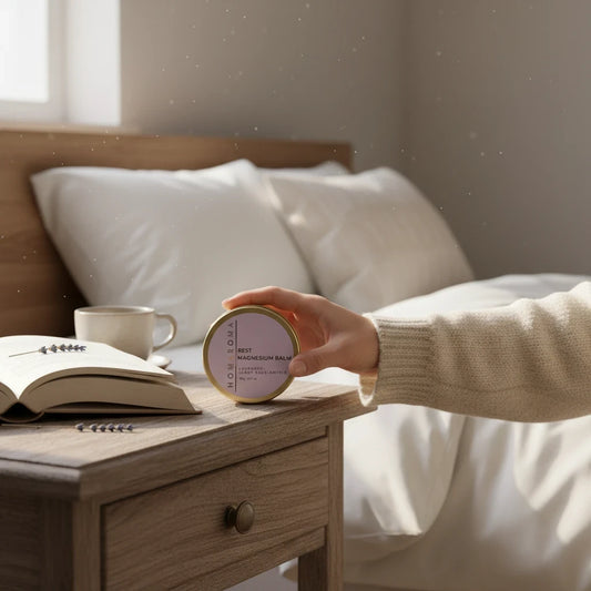Homaroma Rest magnesium balm in a gold tin held by a hand on a bedside table with a book and coffee in a cozy bedroom