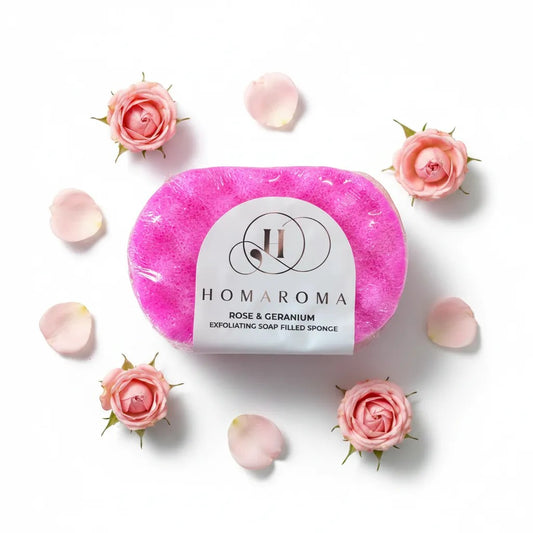 Homaroma Rose & Geranium exfoliating soap filled sponge with dual-sided design for cleansing and exfoliation, pink.