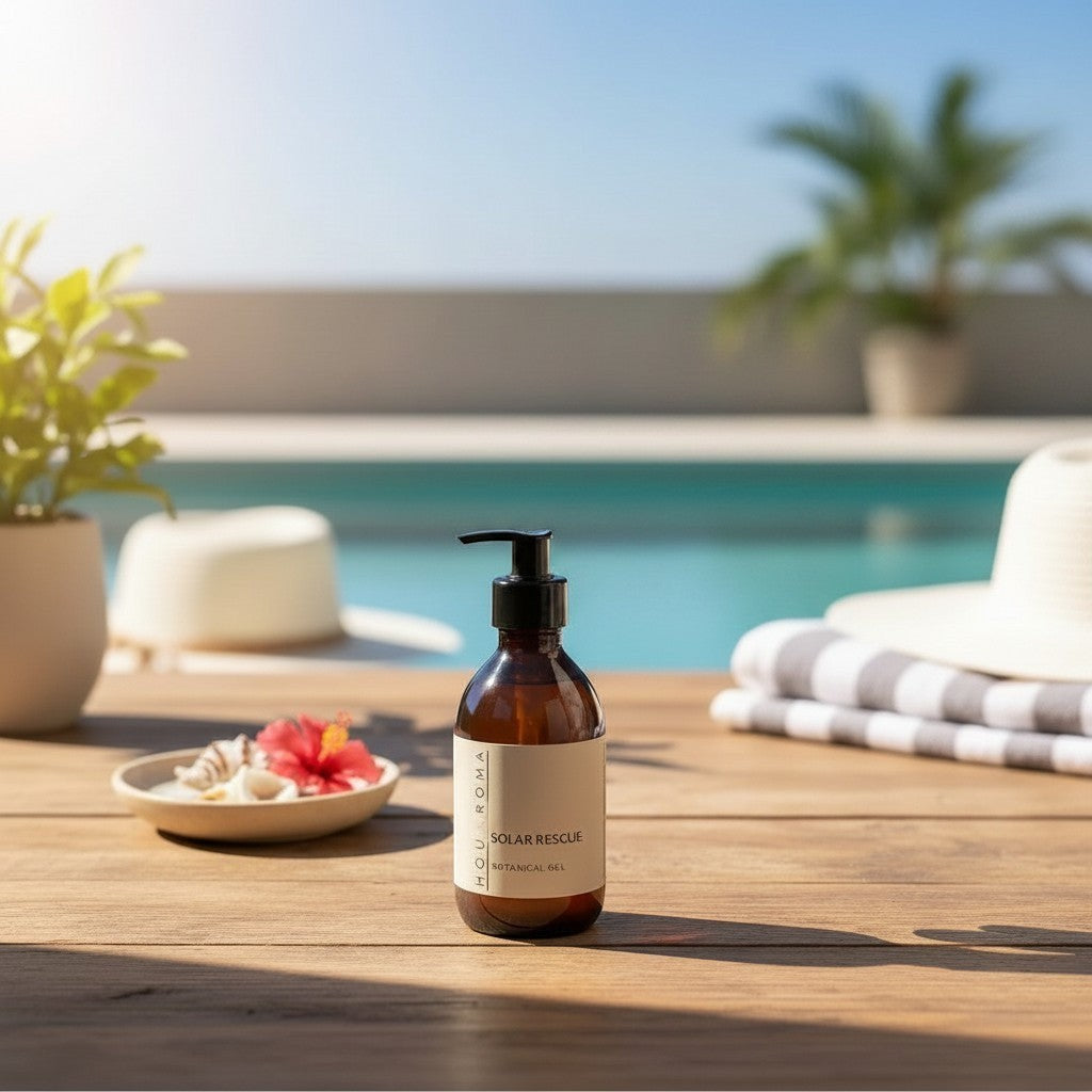 Homaroma Solar Rescue Botanical Gel, a lightweight, cooling after-sun gel with aloe vera, in a brown pump bottle.
