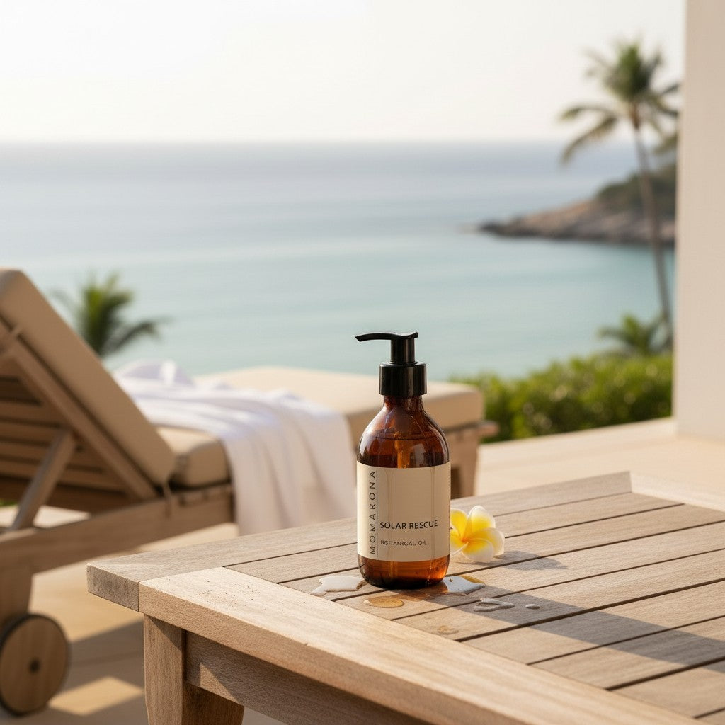 Homaroma Solar Rescue Botanical Gel, a lightweight after-sun gel in a brown pump bottle, perfect for hydrating skin.