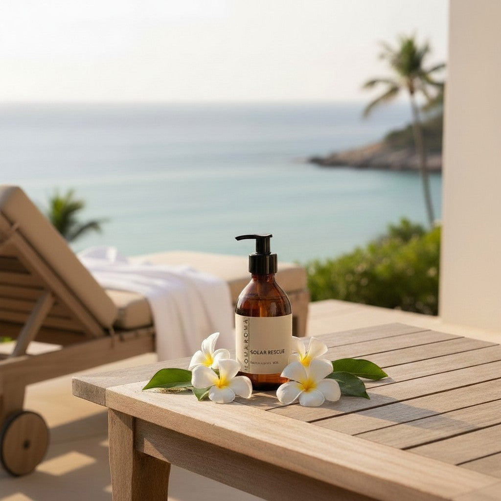 Homaroma Solar Rescue Botanical Gel, a lightweight after-sun gel with aloe vera and botanical extracts for cooling hydration.