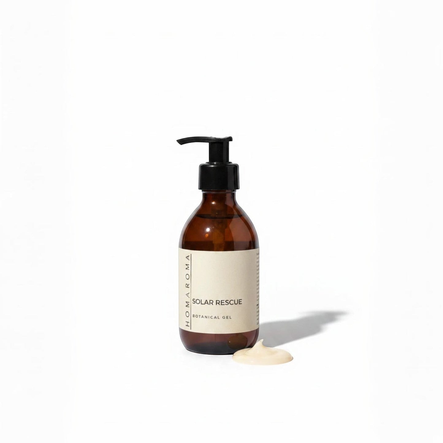 Homaroma Solar Rescue Botanical Gel, a lightweight, fast-absorbing after-sun gel in a brown pump bottle with a dollop of product.