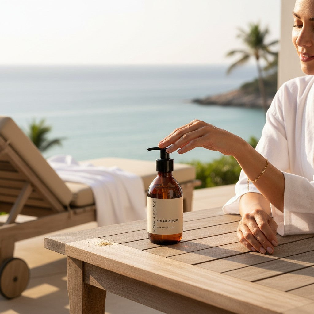 Homaroma Solar Rescue Botanical Gel, a lightweight, fast-absorbing after-sun gel for cooling hydration.