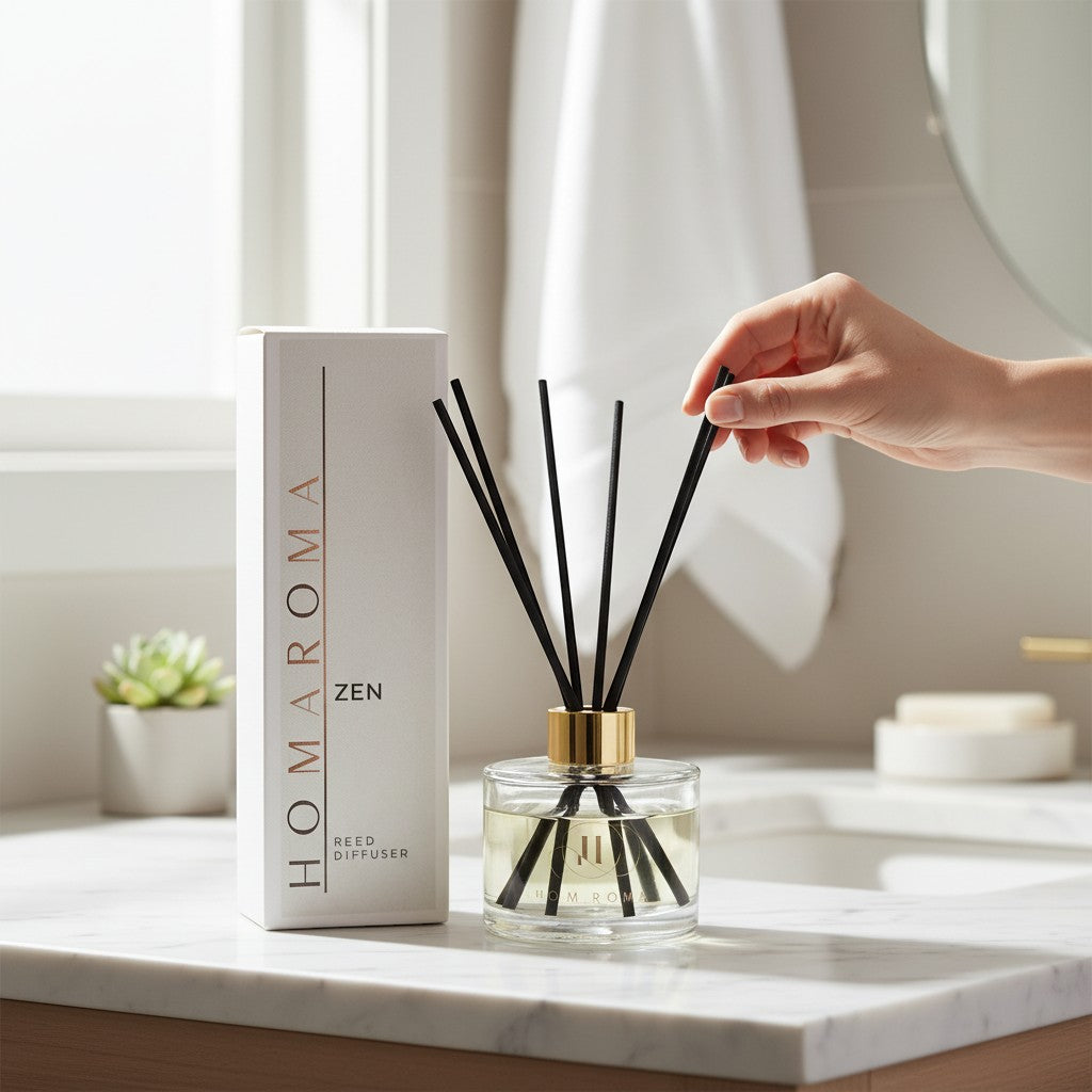 Homaroma Zen reed diffuser with clear liquid and black reeds in a glass bottle with gold accents. A hand is adjusting the reeds.